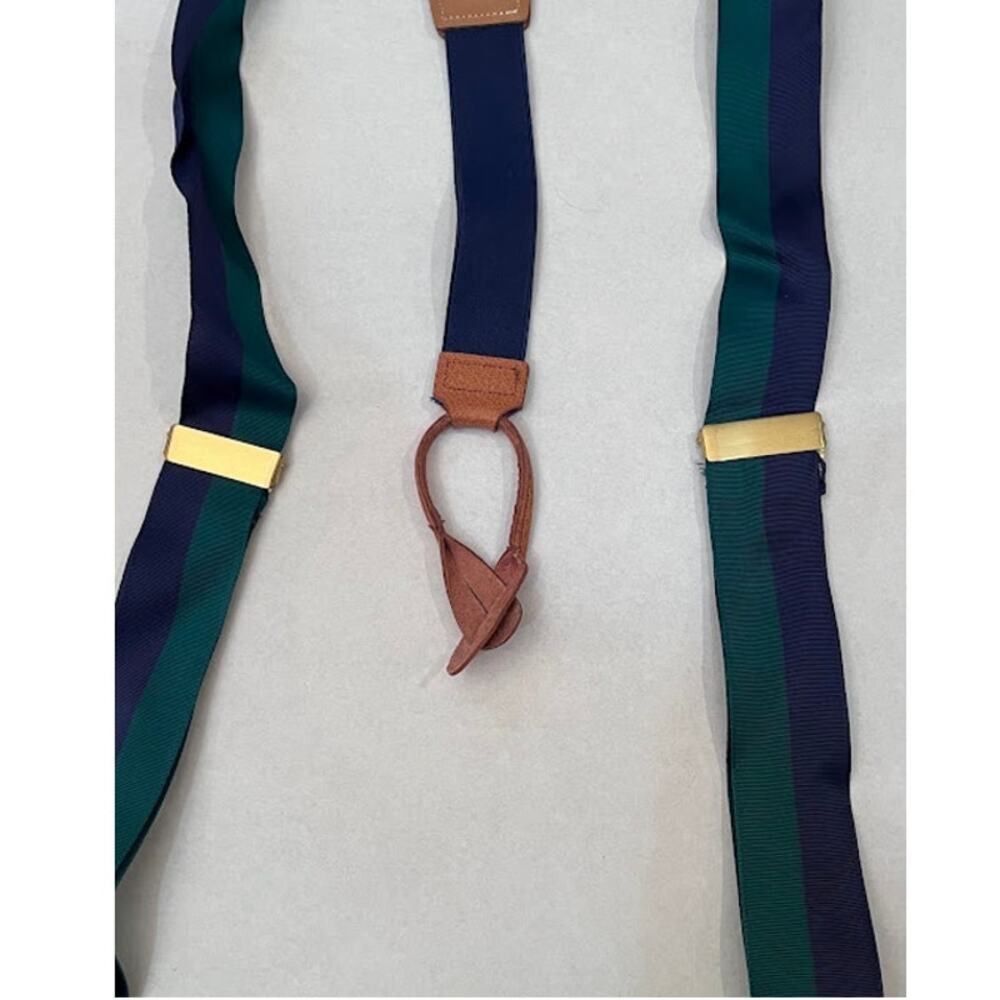 Vintage Silk Suspenders Braces Navy Green Wide Stripe Leather Fully Expandable
